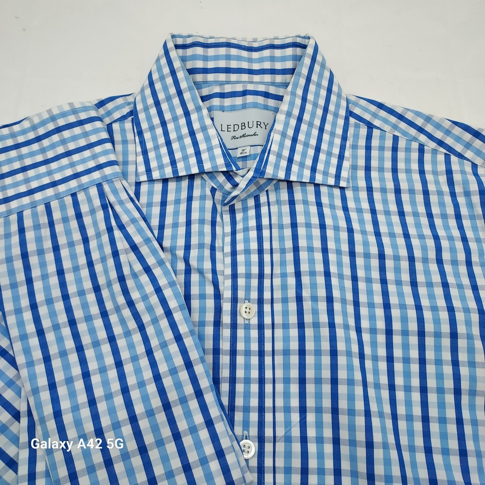 Ledbury Mens Blue‎ White Multi Check Dress Shirt 16  Spread Collar Long Sleeve